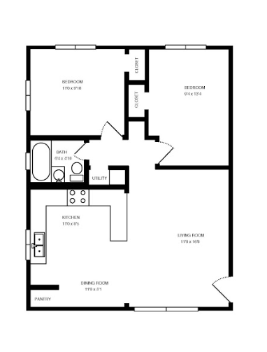 Floor plan for 2 beds, 1 bath, 651 sqft